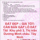 ĐẤT ĐẸP – GIÁ TỐT- CẦN BÁN GẤP LÔ ĐẤT TẠI  Khu phố 3. Thị trấn Dương Minh châu. Tây Ninh